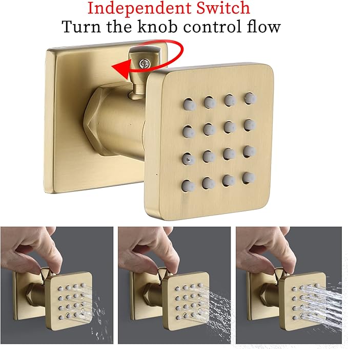 Brushed Gold Square Shower Body Spray Jets with Flow Control and Swivel - Solid Brass Adjustable Water Massage Jets, Wall-Mounted Concealed