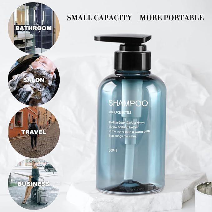 Refillable Shampoo and Conditioner Bottles, 10oz/300ml Shampoo Conditioner Body Wash Dispenser for Hotel Bathroom, 3pcs Plastic Shampoo Bottles with Pump (Bluer)