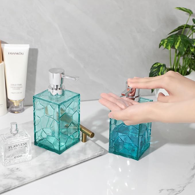 Hand Soap Dispenser, Clear Acrylic Plastic Liquid Pump Bottles Refillable Lotion Dispenser for Bathroom Decor Kitchen College Dorm, Teal 2 Pack