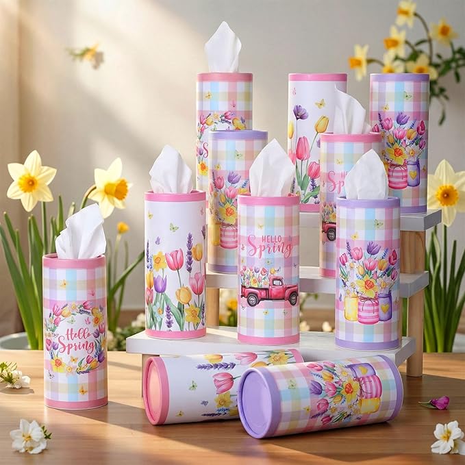 12 Pack Hello Spring Car Tissue Cylinder Holder Bulk with 3 Ply Facial Tissues Flower Round Napkin Holders for Cup Holder Cylinder Floral Mason Jar Travel Paper Tubes Bulk Napkin Boxes Packs