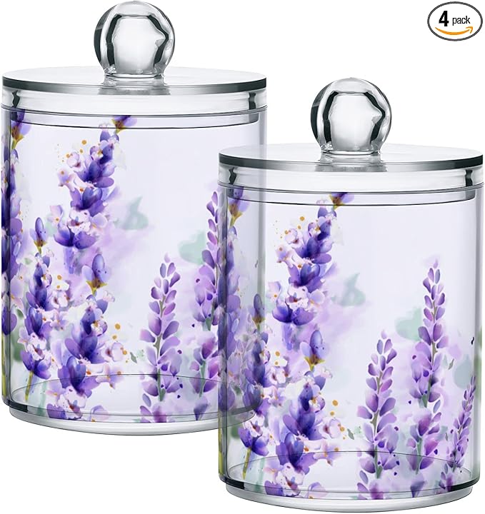 4 Pack Qtip Holder Dispenser Purple Lavender Cotton Ball Cotton Swab Round Pads Floss Clear Bathroom Storage Containers Plastic Apothecary Jars with Lids