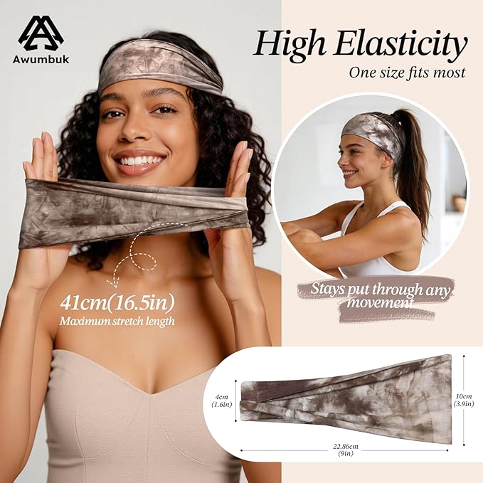 Headbands for Women, 8 Pack Non-Slip Moisture Wicking Sports Wide Head Bands, Stretchy Elastic Fabric, Multiple Colors Securing Hair for Fashion, Sports, Yoga, Running, Daily Life