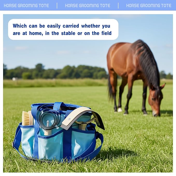 Abbylike Grooming Tote Bag for Horses and Dogs Organize Tack Tools Equestrian Grooming Kit Care Portable with Multiple Pockets for Supplies(Stylish,10.63 x 10.63 x 9.45 Inch,Blue)