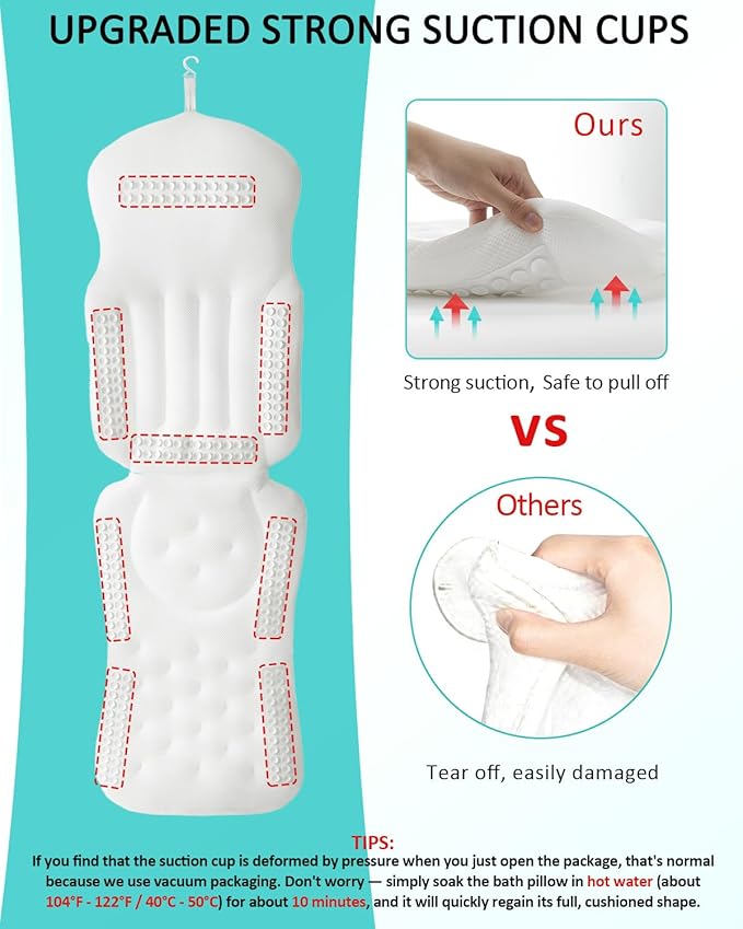 Full Body Bath Pillow for Bathtub, 5D Thick Tub Pillow for Bathtub with 192 Non-Slip Suction Cups, Laundry Bag & Hook, Bathtub Pillow for Head, Neck & Back Support (White, 51"*15")