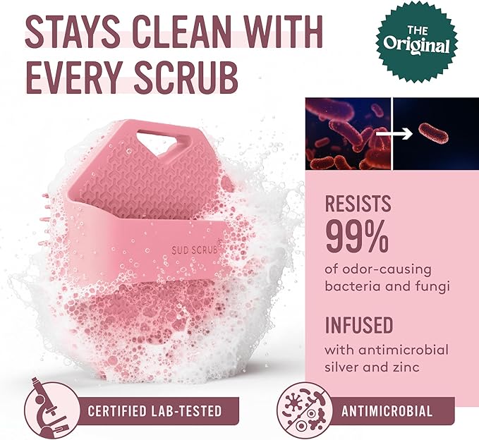 Sud Scrub® Antimicrobial Silicone Body Scrubber, Exfoliating Body Scrubber for Sensitive Skin, Eco Friendly Shower Scrubber for Body, Silicone Body Brush for Showering, Pink