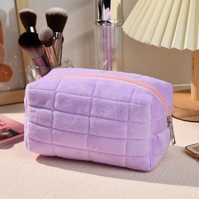 SOIDRAM Makeup Bag Plush Cosmetic Bag Cute Aesthetic Makeup Bag Purple Makeup Pouch Travel Toiletry Bag Organizer Soft Makeup Brushes Accessories Storage Bag for Women
