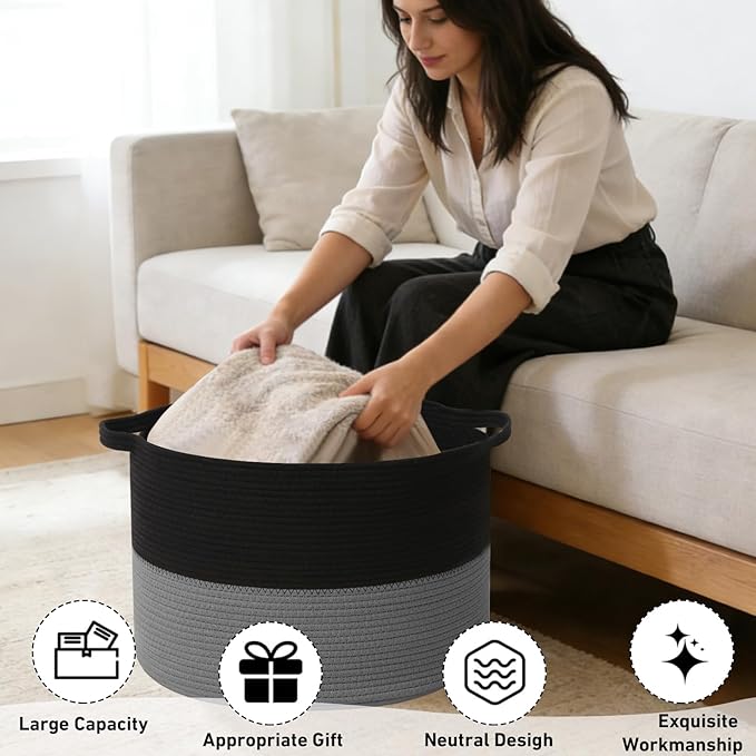 115L Large Blanket Basket,23.6"L x 23.6"W x 15.7"H Rope Woven Baskets with Handles, Toys Storage Bins,Laundry Basket Perfect for Living Room, Nursery,Bedroom,Home Organization,Black&Dark Grey