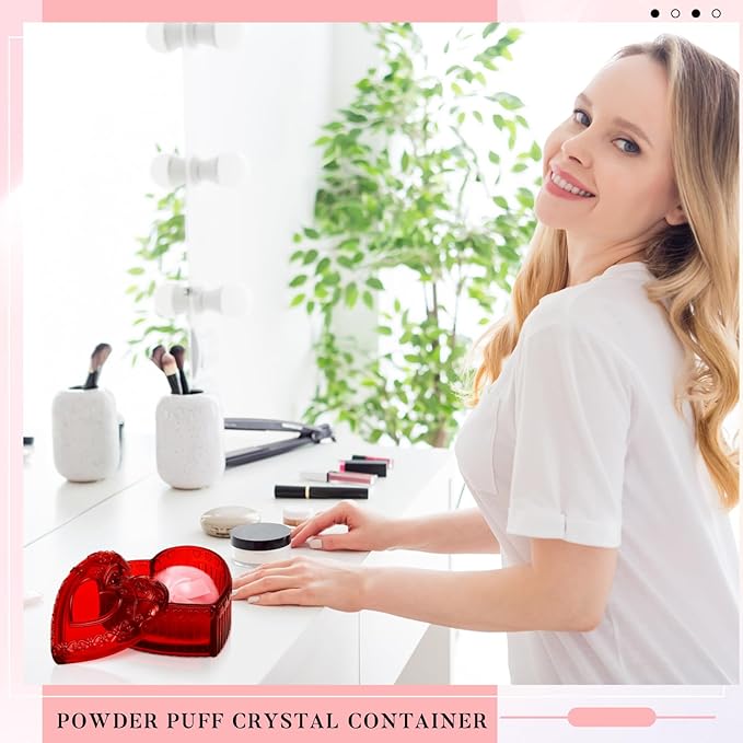Tioncy 3 Pcs Large Body Powder Puff and Container Valentine's Day gift Powder Container with Puff Crystal Case Soft Washable Reusable Velour Face Body Glitter Wet Dry Makeup(Heart,Red)
