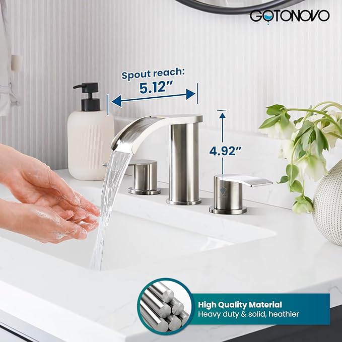 gotonovo Waterfall 8 inch Widespread Bathroom Faucet Set Bathroom Sink Faucet 3 Hole 2 Handle Vanity Lavatory Deck Mount with Pop Up Drain and Water Supply Lines Round Body Brushed Nickel