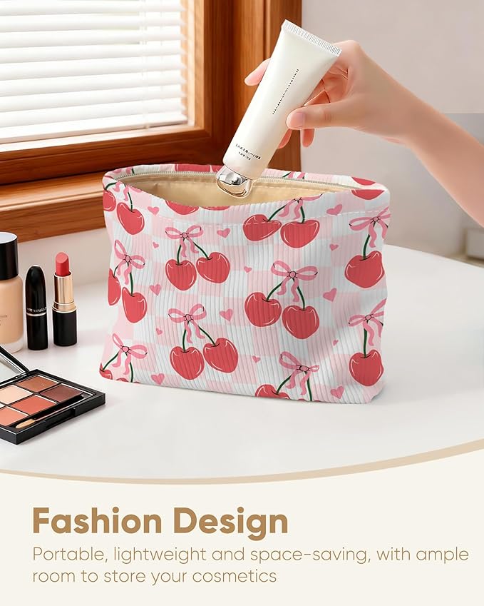 Cute Red Plaid Cherry Bow Knot Makeup Pouch for Women Small Make Up Check Cherries Bows Bag for Purse Zipper Initial Makeup Cosmetic Bags Pouches for Purse Aesthetic Travel Toiletry Bags