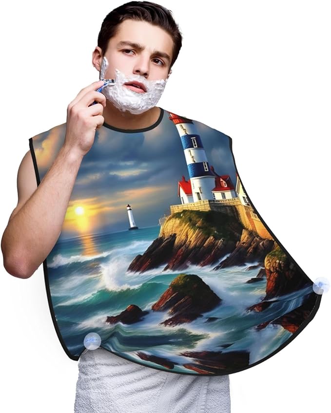 Lighthouse Diamond Paint Print Beard Bib Apron For Men, Beard Hair Catcher For Men Shaving Trimming,Beard Cape Cloth, Black