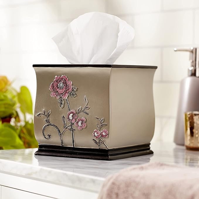 Zahari Home 2pc Larrisa Floral Bathroom Decor Set Waste Basket for Bathroom & Tissue Cover Modern Classic Contemporary Decor Stylish Unique Design Beautiful Bathroom Accessories Set
