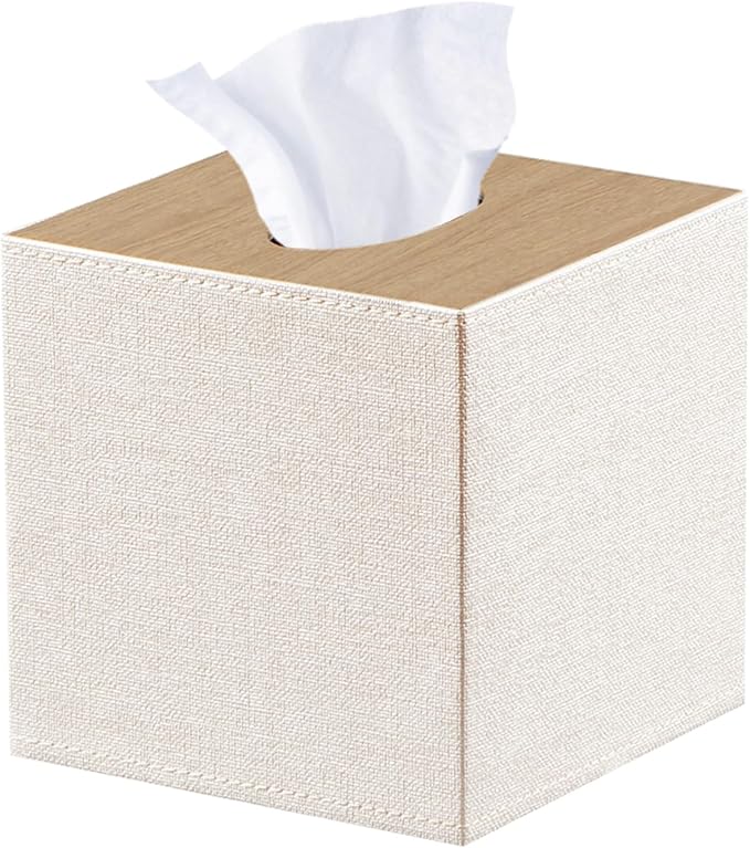 PU Leather Tissue Box Cover Square,Upgrade 99% Compatible Large Size,Cube Tissue Box Holder for Napkin Facial Paper,Dryer Sheet Dispenser Organizer for Bathroom Vanity Countertop Night Stand,Beige
