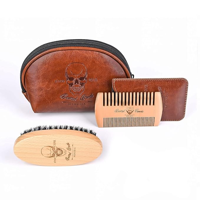 Beard Brush and Comb Set, Boar Bristle Hair Beard Brush Kit with Small Leather Travel Toiletry Bag Case for Men, Include Men's Wooden Mustache Comb