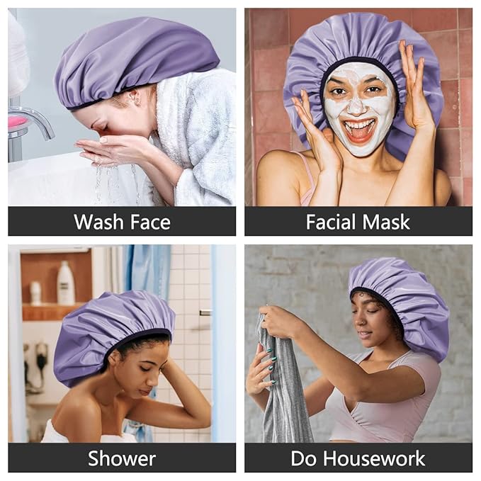 Auban Extra Large Shower Cap, Double-Layer Waterproof Reusable Satin Lining Shower Bonnet for Women Long Hair, Braids, Locs, perms (Purple)