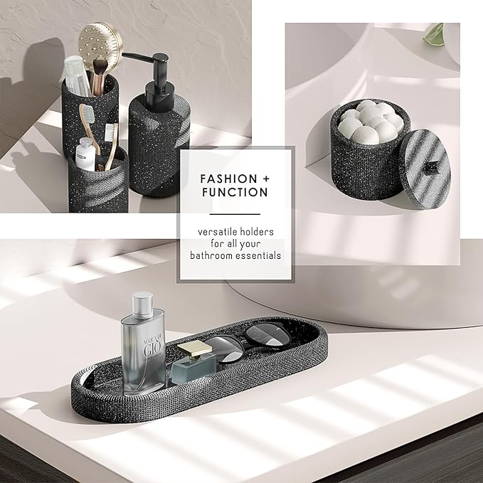 Clara Clark Bathroom Set - Coal Black Bathroom Accessories Set, 19PC Bathroom Accessory Set, Bathroom Sets with Shower Curtain Set, Soap Dispenser & Toothbrush Holder