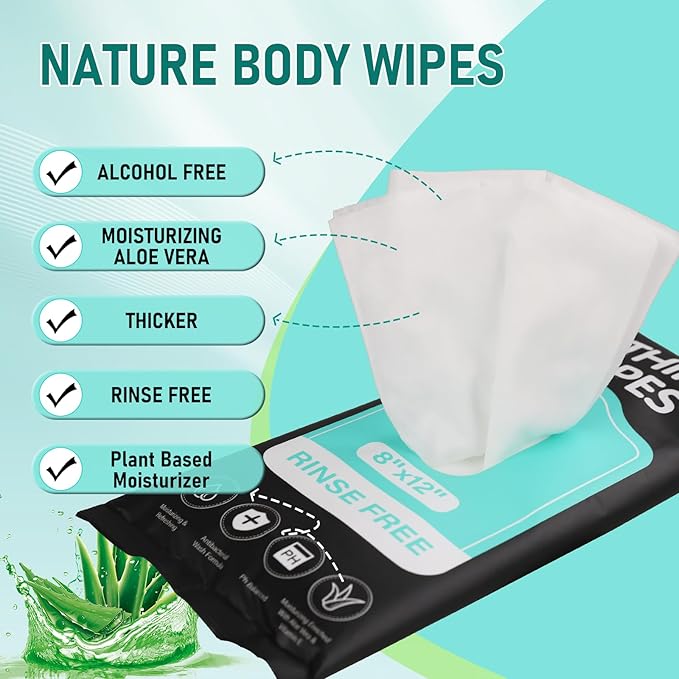 XL Bathing Wipes No Rinse for Adults – 12 Packs (120 Count)- Extra Thick & Large Shower Wipe, Ideal for Men, Women & Elderly – Soft & Gentle Disposable Bath Wipes - Camping & Travel Essentials