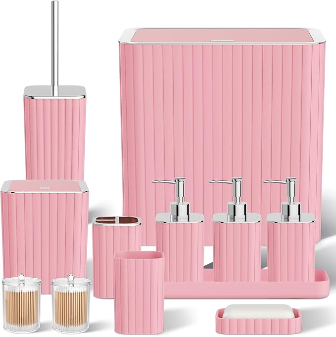 Bathroom Accessory Set - Bathroom Set, 12PC Bathroom Accessories Set, Pink Bathroom Accessories Set, Mini Trash Can, Toilet Brush, Trash Can & Soap Dispenser