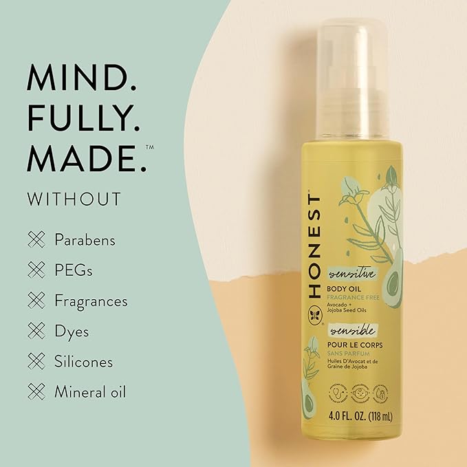The Honest Company Fragrance-Free Moisturizing Body Oil, Nourish Soothe Baby's Skin, Plant-Based, Hypoallergenic Vegan, 4.0 fl oz