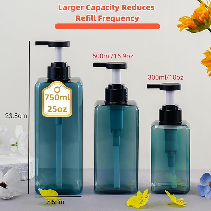 Shampoo and Conditioner Dispensers 25OZ Refillable Large Shower Bottles 2Pack Hand Soap Dish Soap Dispenser with Waterproof Labels Square Pump Bottle for Bathroom and Kitchen- Blue, 750ml