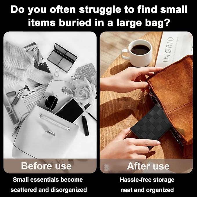 2Pcs Small Makeup Bag for Purse, Mini Checkered Leather Purse Pouches for Purse Small Makeup Pouch Small Coin Purse Organizer Pouches, Portable No Zipper Pocket Cosmetic Bag for Women (Black)