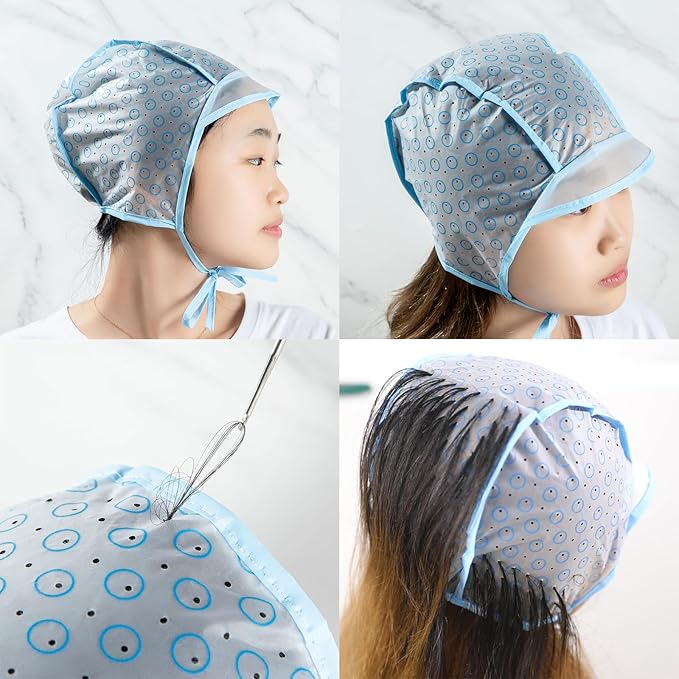 Salon Hair Coloring Dye Cap, 6Pcs Hair Highlighting Caps and Needles Crochet Hooks Disposable Highlight Tipping Cap Coloring for Salon and Home Use Highlighting Supplies