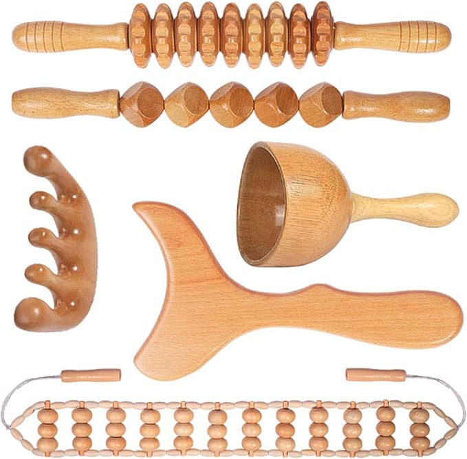 Wood Therapy Massage Tools Maderoterapia Kit Body Sculpting Tools for Lymphatic Drainage and Anti-Cellulite .Wood Massager Roller Rpoe for Back and Muscle Pain Relief (Medium)