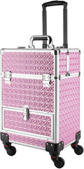 Rolling Makeup Manicure Storage Case, Makeup Trolley Rolling w/4 Universal Wheels Professional Aluminum Cosmetic Trolley Cases w/lock for Studio or Travelling (Pink)