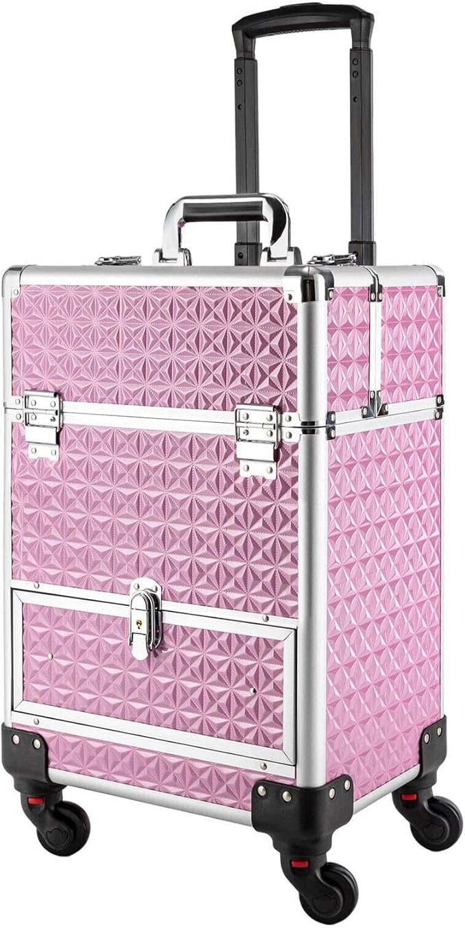 Rolling Makeup Manicure Storage Case, Makeup Trolley Rolling w/4 Universal Wheels Professional Aluminum Cosmetic Trolley Cases w/lock for Studio or Travelling (Pink)