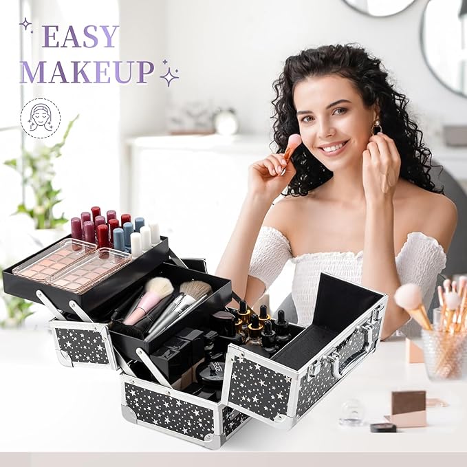 Leeora&Leekoo Makeup Train Case Cosmetic Box Portable Makeup Case Organizer 2 Trays Makeup Storage with Mirror for Cosmetologist Aesthetic Supplies Nail Tech Traveling Makeup Box (Flashing Star)