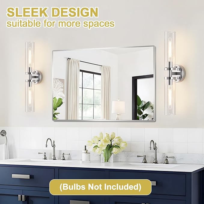 Wall Sconces Set of Two, Chrome Bathroom Sconces Wall Lighting with Clear Glass, Modern Sconces Wall Decor Set of 2 Bathroom Light fixtures for Mirror Living Room Hallway Bedroom