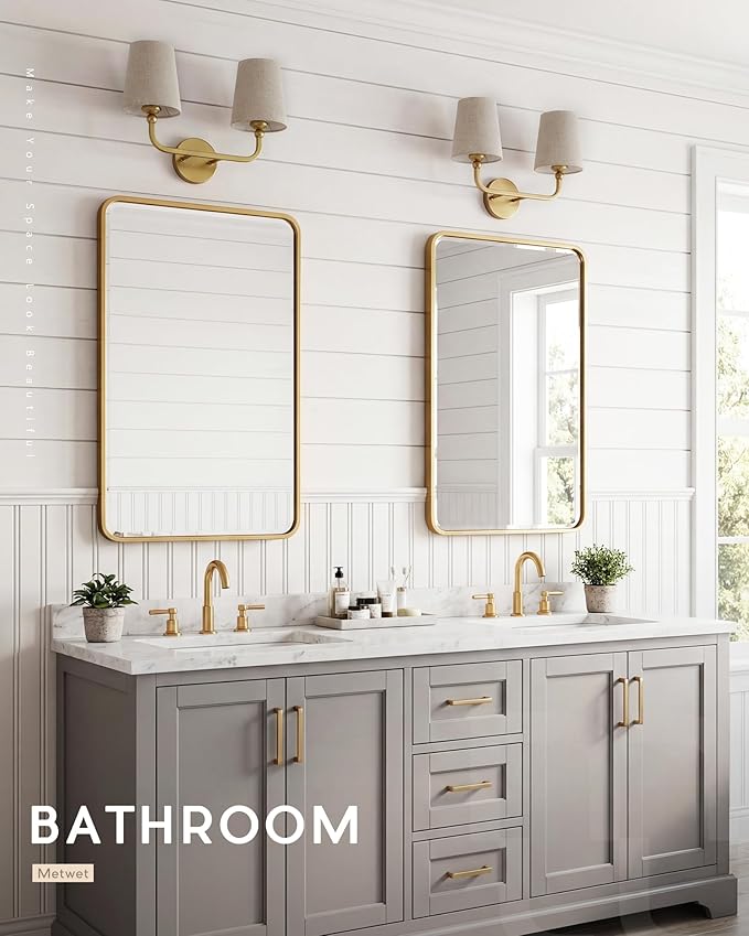 2-Light Bathroom Light Fixtures, Brushed Gold Vanity Lights, Double Wall Sconce with Brown Fabric Shade, Modern Sconces Wall Lighting for Hallway Bedroom Stairway, VL837-BG-L-2