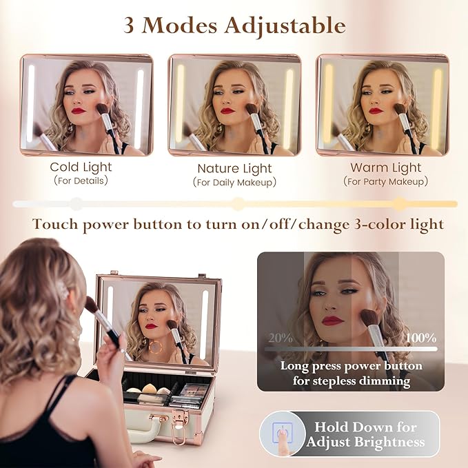 Makeup Train Cases with Light Up Mirror 3 Color Setting, Lighted Makeup Case Organizer with Detachable Tray, Travel Makeup Box with Light for Make up Tools Storage (White & Gold)
