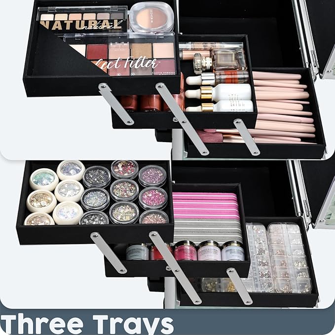 Hododou Blue Rolling Makeup Case with Drawer Travel Trolley Cosmetology Case on Wheel Makeup Storage Salon Barber Case Traveling Cart Trunk for Cosmetologist Nail Tech Hairstylist