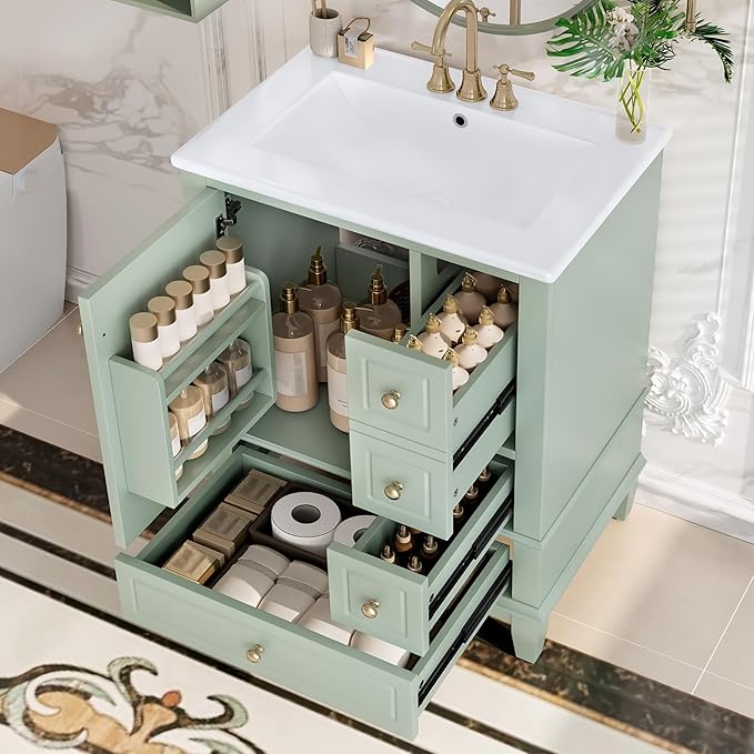 Harper & Bright Designs 24" Bathroom Vanity with Sink, Free Standing Single Vanity Set with 3 Drawers and One Door with Storage Racks, Storage Cabinet with Ceramic Basin for Bathroom, Light Green