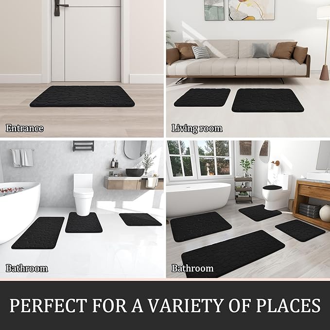 YIHOUSE Bathroom Rugs Mat Set 2 Piece Black, Memory Foam Bath Mats Sets, Non Slip Water Absorbent Washable Bath Rugs for Sink, Toilet and Floor