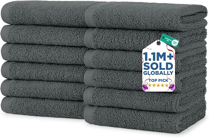 DAN RIVER 12 Pack Wash Cloths for Showering [12x12] - 100% Cotton Washcloths Premium Quality Flannel Face Cloths for Bathroom, Highly Absorbent and Soft Feel Wash Clothes, Grey