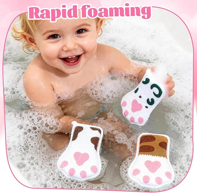Baby and Kids Bath loofah Sponge, Easy Grip Cute Cat Paw Design Kids Body Exfoliating Body Scrubber Loofah Sponge,Bath Sponge Set Designed for Toddler, Women, Boys, and Girls (3 Pack)