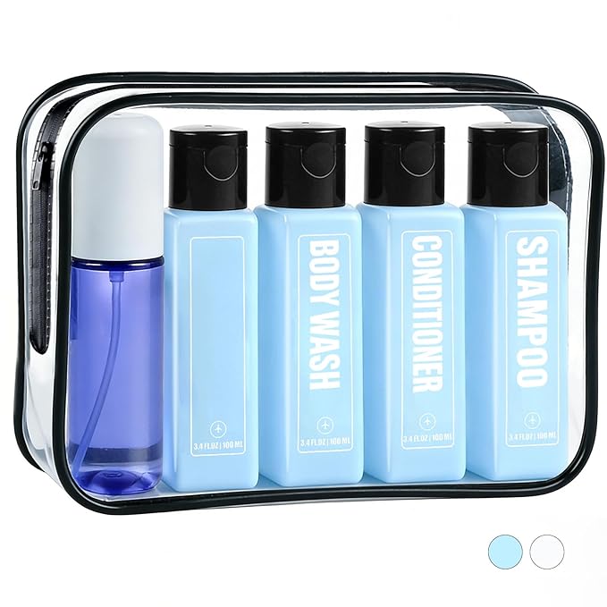 Labeled Travel Bottles for Toiletries, 3.4oz TSA Approved Travel Shampoo and Conditioner Bottles with Spray, Leak Proof Clear Plastic Containers with Flip Cap-5 PCS