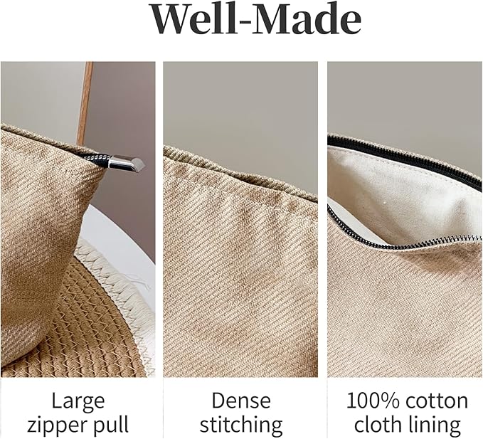 Bohemian Makeup Bag, Jute Cosmetic Bag, Large Zipper Pouch(10.6" * 7.1" * 2.8"), Solid Color Make Up Bag for Women, Perfect for Storing Makeup and Accessories, Makeup Bag for Daily Use Travel Gifting