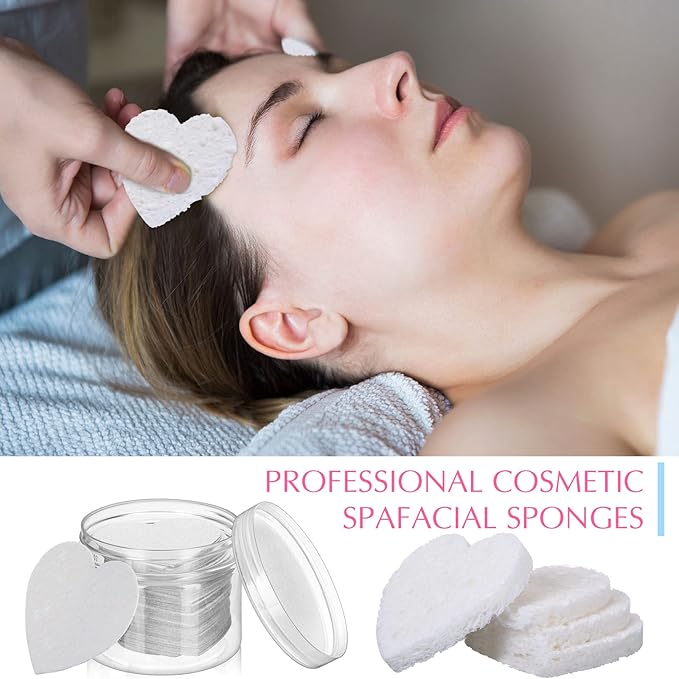 Nuenen 60 Pieces Facial Sponges with Container, Heart Shape Compressed Face Sponges Natural Cleaning Pads for Washing Face Cleaning Exfoliating Esthetician Makeup Removal(White)