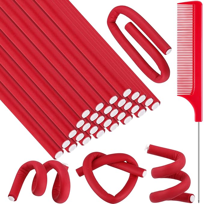 Syhood 30 Pcs Flexible Curling Rods 9.45 Twist Foam Rollers Soft Foam No Heat Hair Rods Rollers and 1 Steel Pintail Comb Rat Tail Comb for Women Long Short Hair(Red,9.45 x 0.3 Inch)