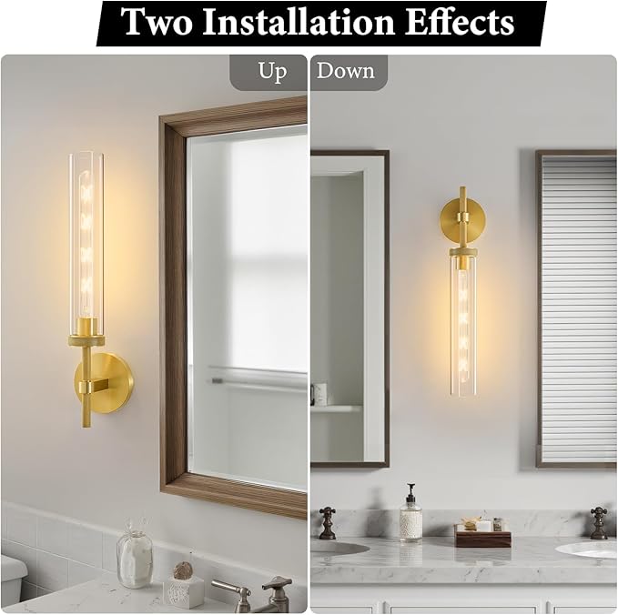 Brass Knurled Tube Wall Sconce - Set of 2 Luxury Modern Glass Sconces with Bulbs - Gold Dimmable Indoor Lighting - Vertical Mounted Light Fixture for Vanity Mirror Bathroom Bedroom Living Room Hallway
