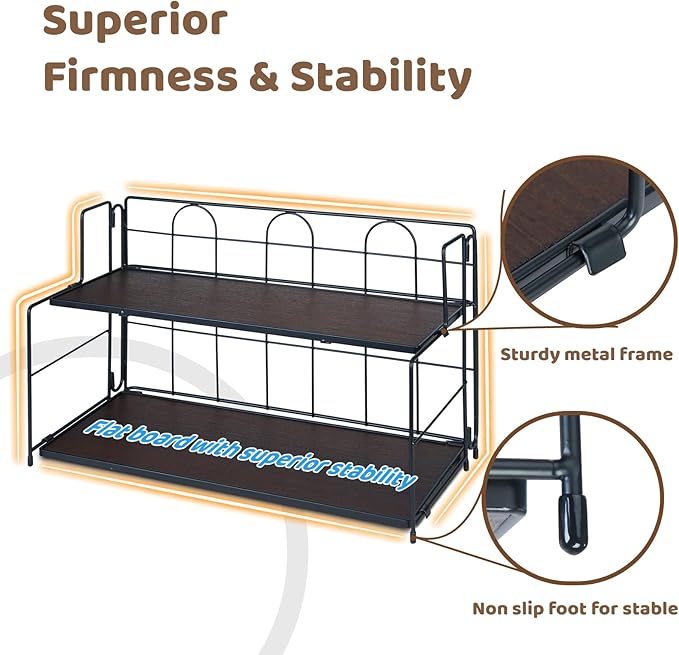 Bathroom Counter Organizer 10s Tool-Free Install, 2 Tier Bathroom Organizers and Storage, Collapsible Bathroom Organizer Countertop, Wood Bathroom Kitchen Countertop Organizer, Black