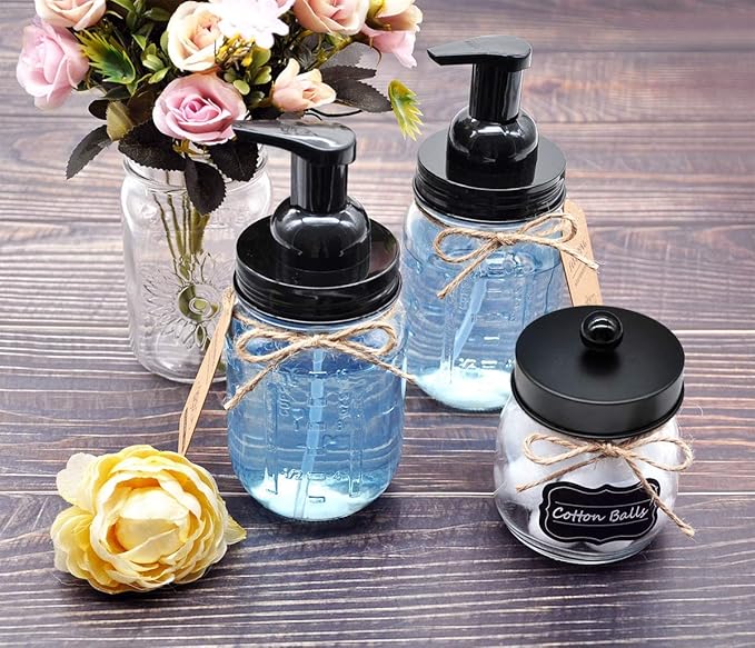Amolliar Mason Jar Foaming Soap Dispenser Pump, Plastic Foam Soap Pump Rustproof Stainless Steel Lid, Refillable Hand Soap, Waterproof Labels, Cute Farmhouse Decor, Bathroom Accessories, Black 2 Pack