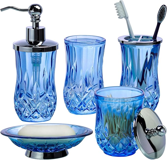 Bathroom Accessories Set,5 Pcs Blue Glass Bathroom Accessory Set,Complete Lotion Soap Dispenser,Toothbrush Holder,Soap Dish,Tumbler & Jar,Modern Bathroom Decor Sets Gift,Round