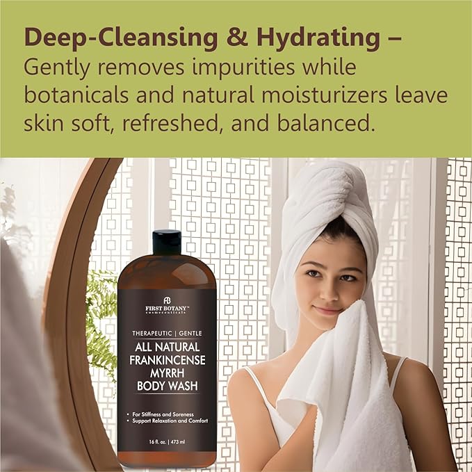 First Botany, ALL Natural Body Wash - Fights Body Odor, Athlete's Foot, Jock Itch, Nail Issues, Dandruff, Acne, Eczema, Shower Gel for Women & Men, Skin Cleanser -16 fl oz (Frankincense Myrrh)