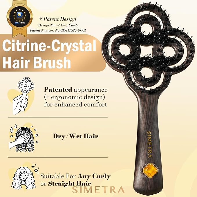 Simetra Detangler Hair Brush for Women and Men, Holiday Present - Original Detangling Brush for Curly Hair/Wet & Dry Hair, Natural Boar Bristles Hairbrush - Natural Crystal Inlay & 14K Gold Plating