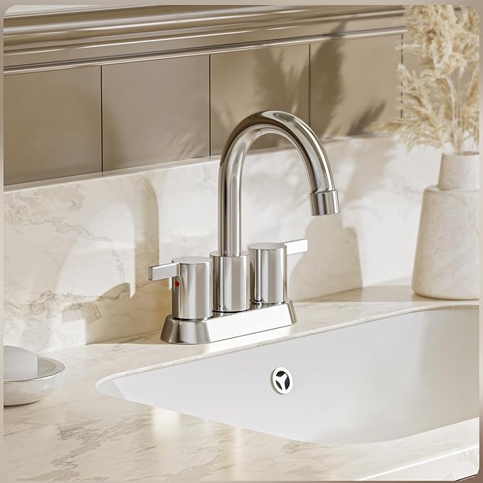 Phiestina 4 Inch Centerset 2 or 3 Holes 2 Handle Chrome Lead-Free Bathroom Faucet, Swivel Spout with Copper Pop Up Drain and 2 Water Supply Lines, BF015-1-C