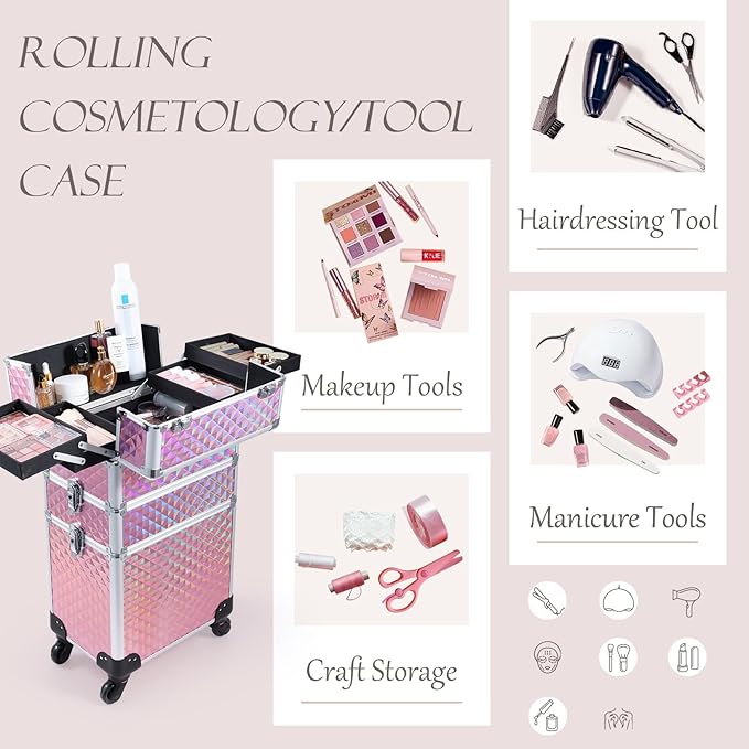 Adazzo 3 in 1 Professional Rolling Makeup Train Case Aluminum Trolley Case with 360° Rotation Wheels for Makuep Artist Cosmetic Suitcase Organizer with Lock and Key Diamond Pattern - Pink